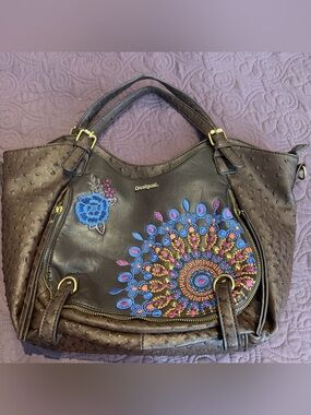 Desigual Brown Purse Embroidered, Boho Design, Large